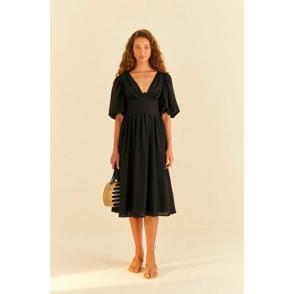 FARM Rio Dresses & Skirts - Farm Rio Black Corset Puff Sleeve Midi Dress Size Small